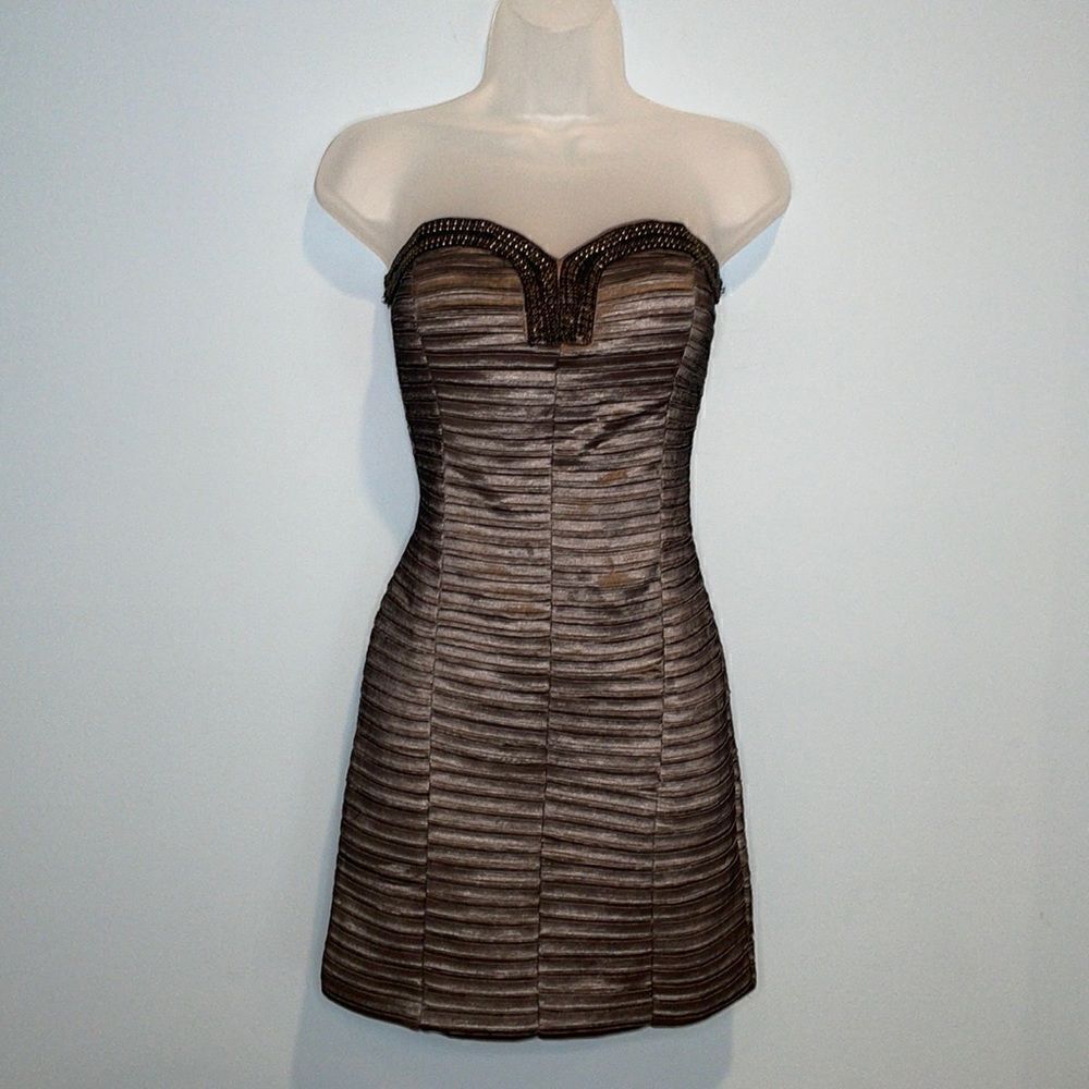 A'Gaci Dress Body Con Mini Formal Wedding Metallic Ribbed Strapless Beaded